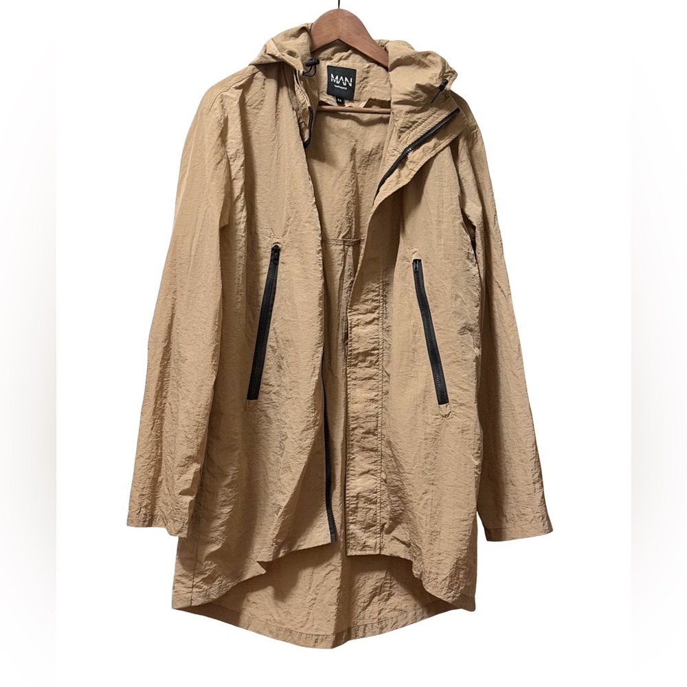 BooHooMan Tan Hooded Windbreaker Parka with Black Zippers